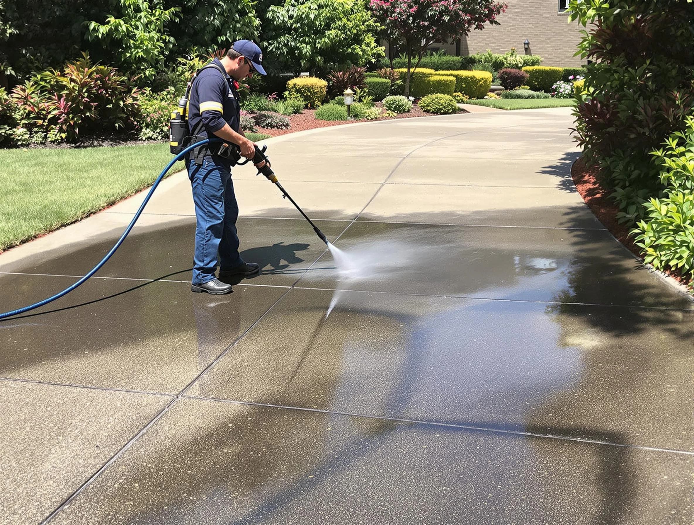 Experienced Brecksville Power Washing team member pressure washing a driveway in Brecksville