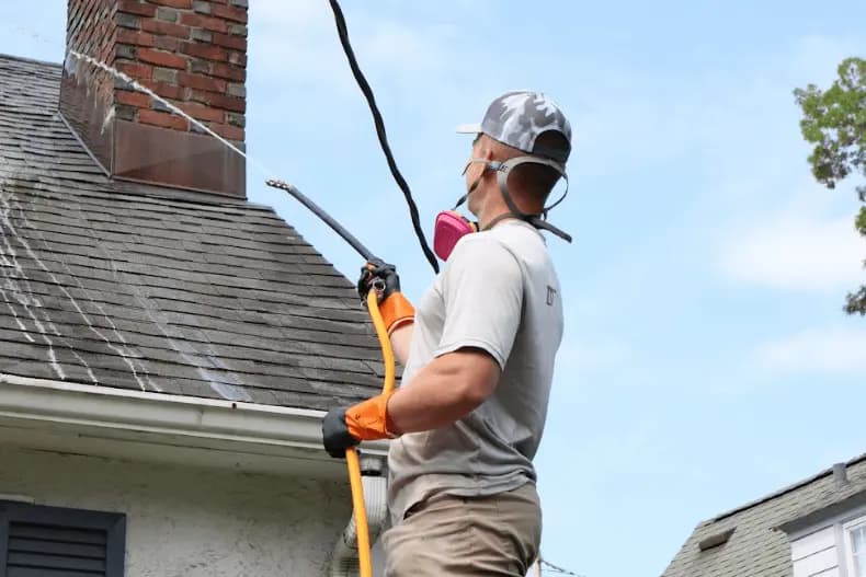 Brecksville Power Washing professional performing gentle roof washing service in Brecksville